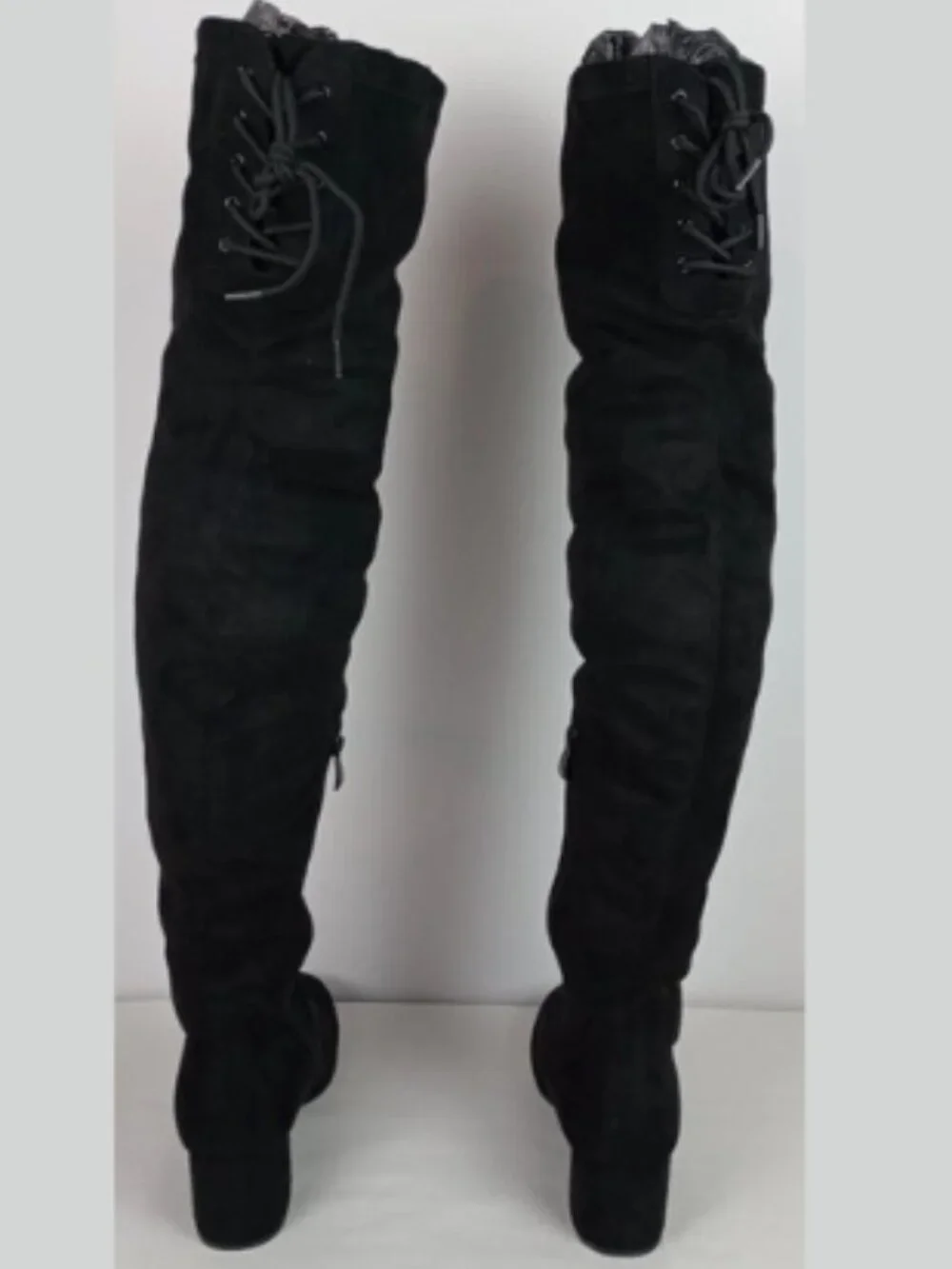 Dream Pairs Womens 9 Black Thigh High Block Heel Zipper Lace up Suede‎ Boots